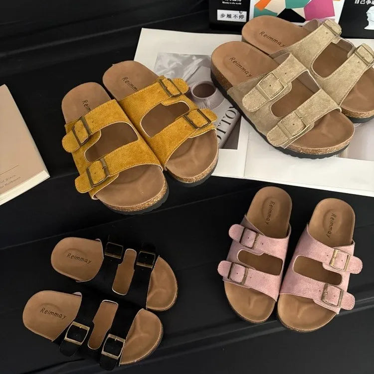Aphixta Cork Clogs Slippers For Women Classic Suede Summer Sandals Fashion Outdoor Beach Shoes With Adjustable Metal Buckle
