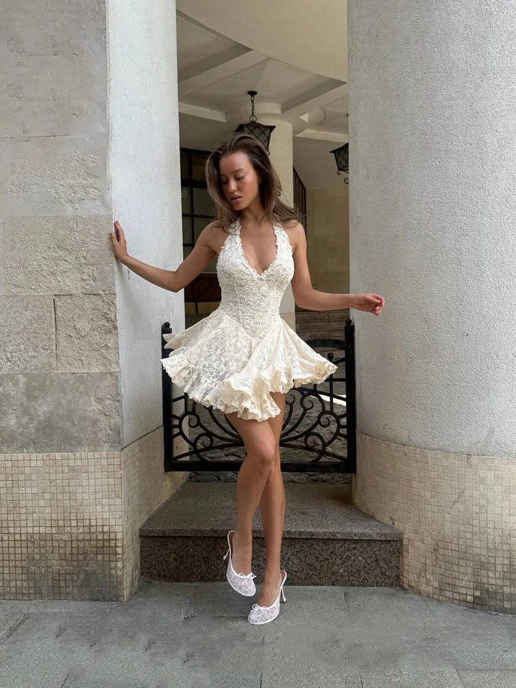 Lace Women's Mini Dress Elegant V Neck Waist Cinched A Line Puff Hem Skirt Street Fashion Backless Summer Lady Halter Dresses
