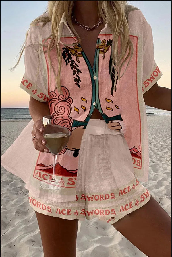 Fashion Print Beach Holiday 2 Piece Set Women Summer Short Sleeve Shirt Top Wide Legs Shorts Women's Oversize Two Piece Outfit