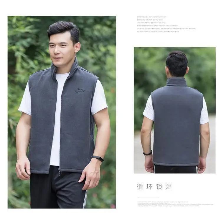 Men's Embroidery Vest Waistcoat Standing Collar Double-sided Fleece Warm Sleeveless Pocket Vest Outdoor Windproof Mens Jacket