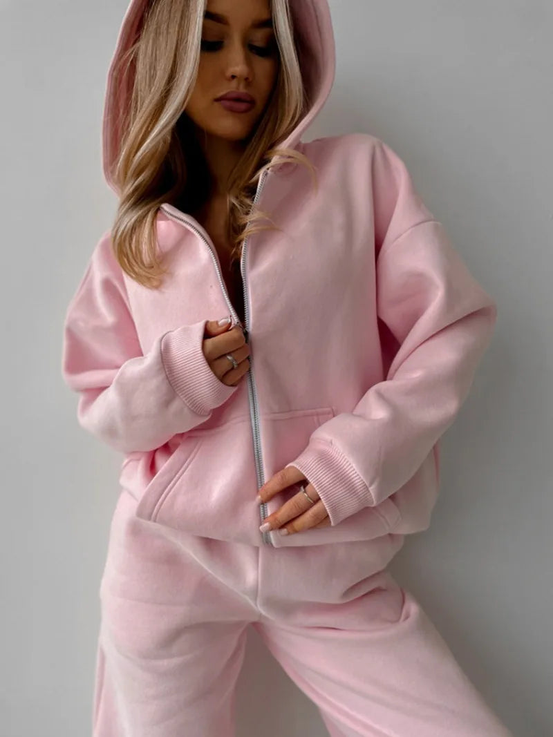 Women's Casual Suit Solid Color Long Sleeve Hooded Cardigan Pocket Sweater Elastic Pants Two-piece Set