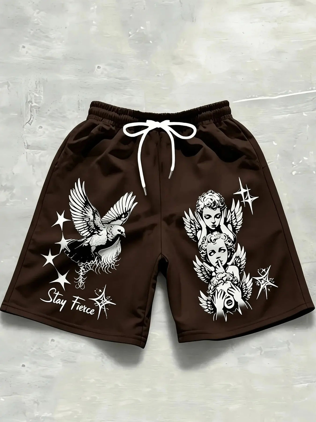 Retro Men's Summer European and American Little Angel Letter Print Comfortable Breathable Drawstring Shorts Outdoor Casual Pants