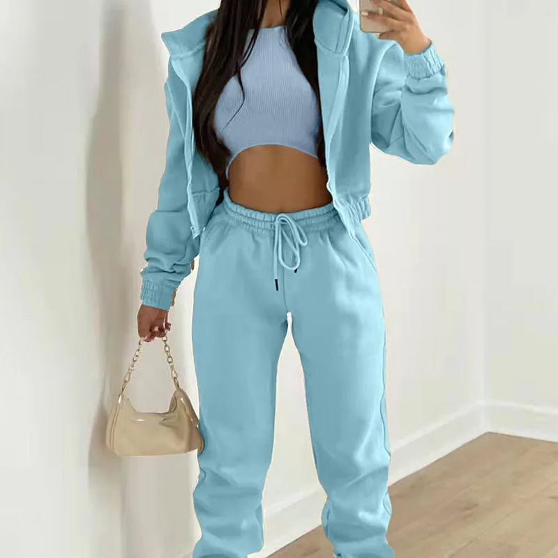 Women's Matching Hoodie 2-Piece Set Spring Long Sleeve Solid Color Drawstring Hip Hop Sport Tracksuit with Long Pants Gathering