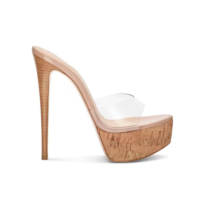 Summer New Women's Cork Textured Platform Pointed Toe Mule Sandals PVC Single Strap Thin Heel Slip On Beach Fashion Slippers
