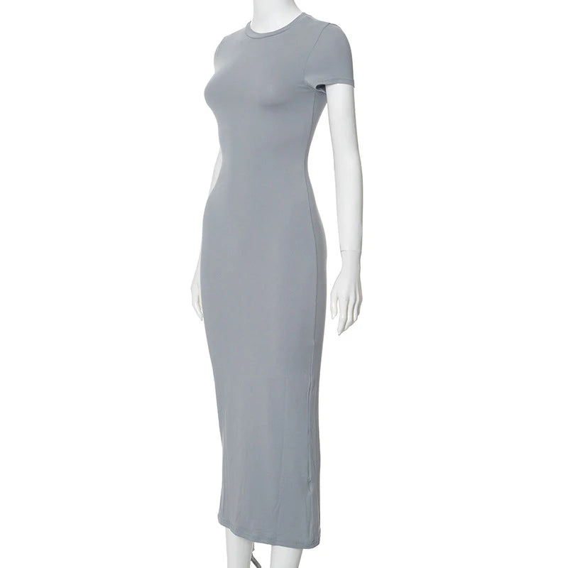 2025 Women Solid Color Slim Short Sleeve Casual Pullover Sumer Long Dress Skinny Sexy Daily Dress