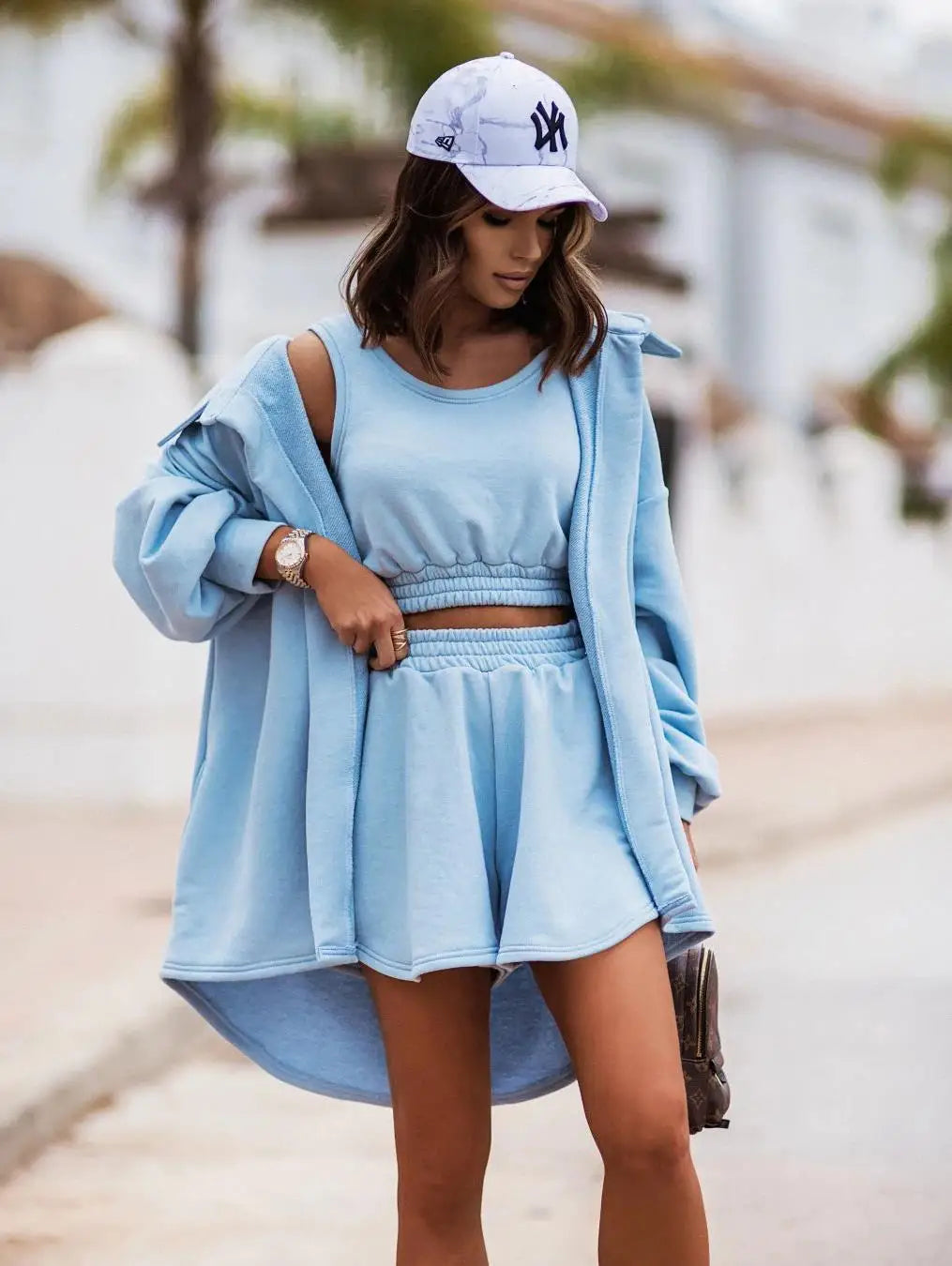 Women Fashion 3-piece Set Long Sleeve Lapel Coat O-Neck Short Tank Top Wide Leg Shorts High Street Sports Outfits Available 5XL