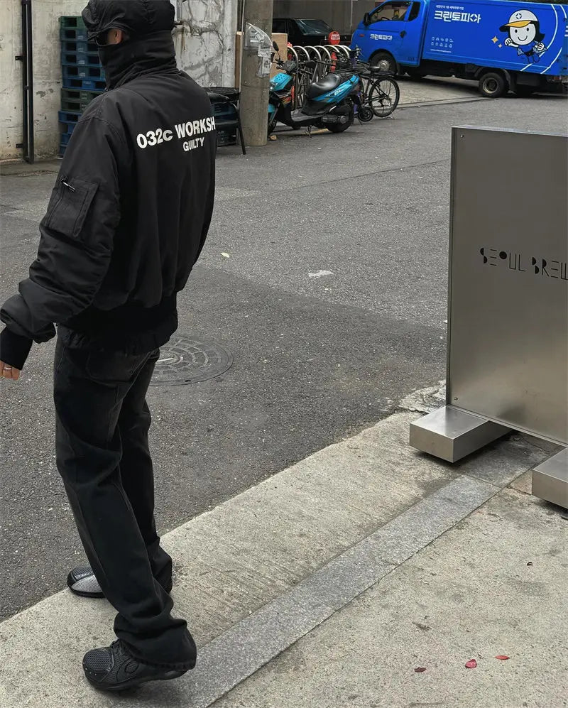 032C black silhouette short wide bomber zip multi pocket jacket