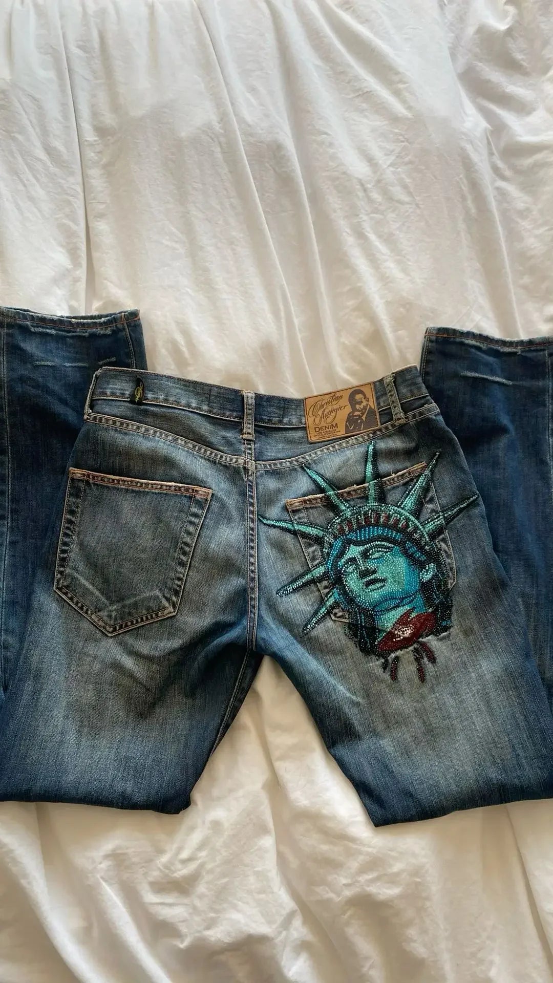 2000s Statue of Liberty Diamonds Denim Pants Women Casual High Waist Straight Wide Leg Jeans Harajuku Vintage Y2k Women Clothing