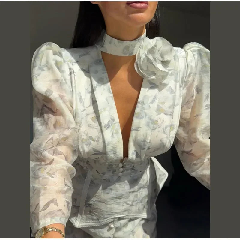 Elegant Printed Women's Dress V-neck Front Split Waist-closed Sashes Wrist Sleeve Gauze Dresses 2026 Summer Chic Female Robe