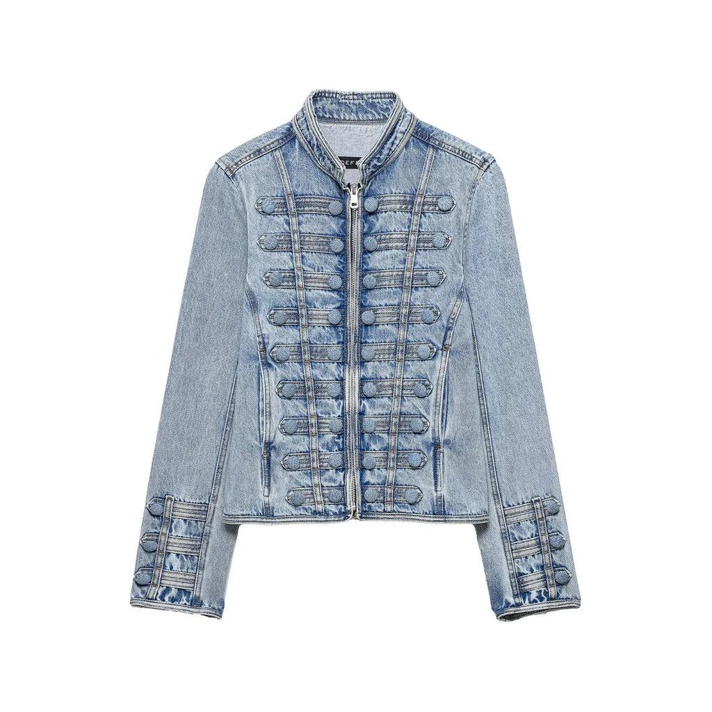HH Y2K Military Short Denim Jacket Women's Light Washed Stand Collar Slim Denim Jacket Sexy Spring and Autumn Street Tops