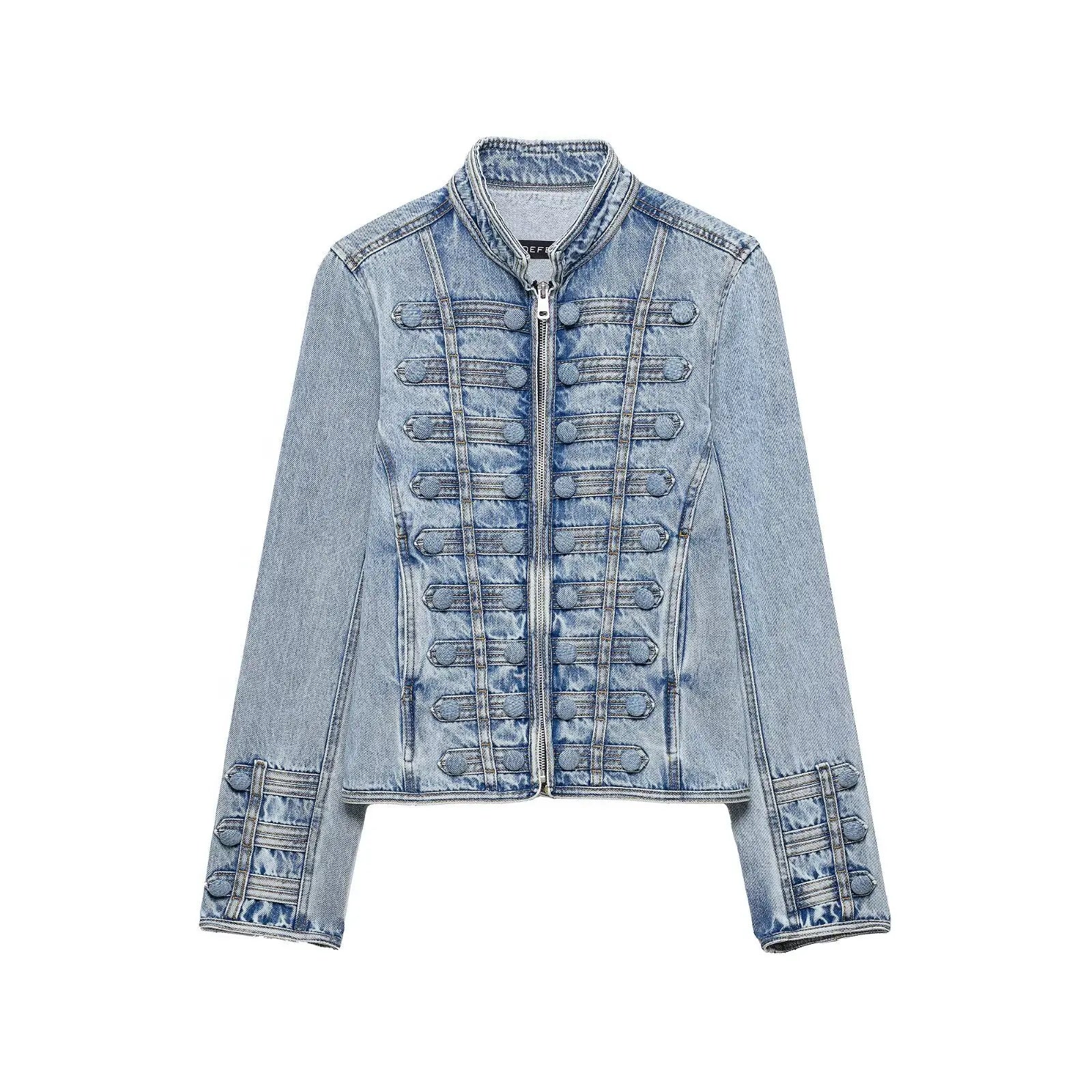HH Y2K Military Short Denim Jacket Women's Light Washed Stand Collar Slim Denim Jacket Sexy Spring and Autumn Street Tops
