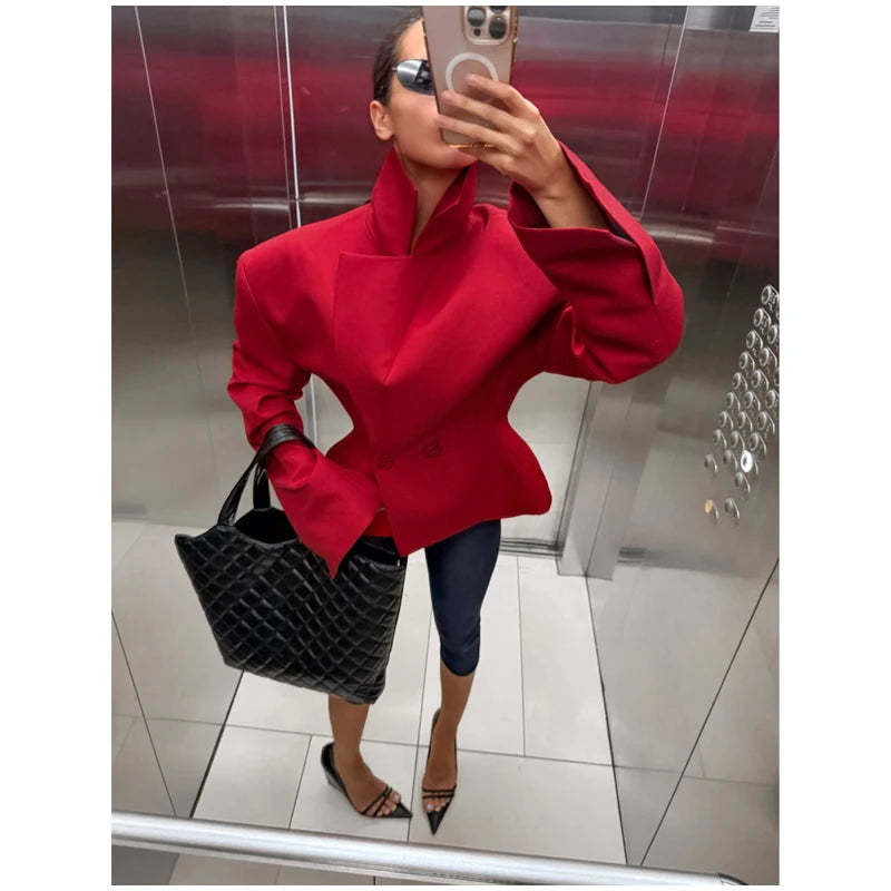 Dark Burgundy Waist-Cinching Shoulder Pad Blazer 2026 Women's Stand Collar Button Design Height-Enhancing Slimming Commute Coat