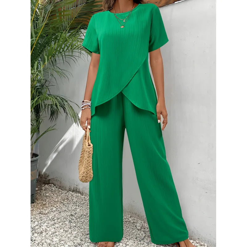 New Fashion Elegant Office Ladies Set Casual Set With Irregular Short Sleeve Blouses Loose Long Pants Two Piece Outfit Women's