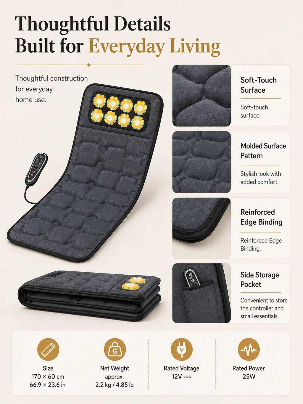 Full Body Massage Mat Foldable Neck Kneading 10 Motor Vibration Heat Shiatsu Electric Massage Cushion 9 Modes Wired Remote Home