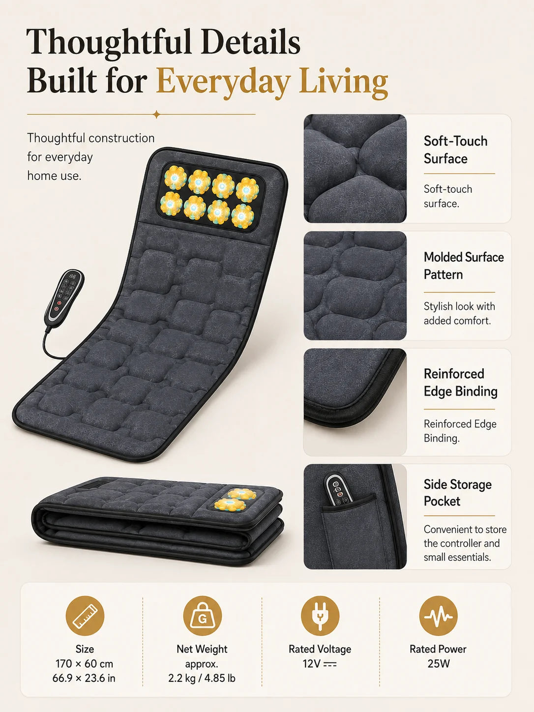 Full Body Massage Mat Foldable Neck Kneading 10 Motor Vibration Heat Shiatsu Electric Massage Cushion 9 Modes Wired Remote Home
