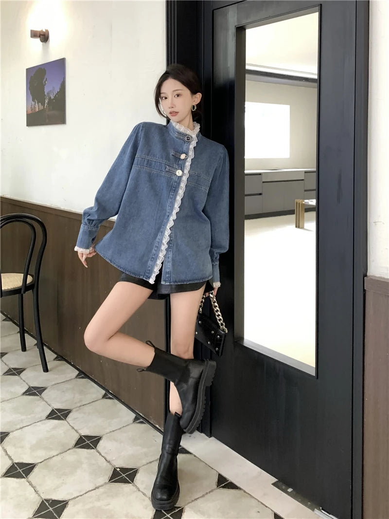 2025 Spring Lace Denim Shirt Women Fashion Patchwork Long Sleeve Blouse Female Loose Stand Collar Button Down Jean Shirts Woman