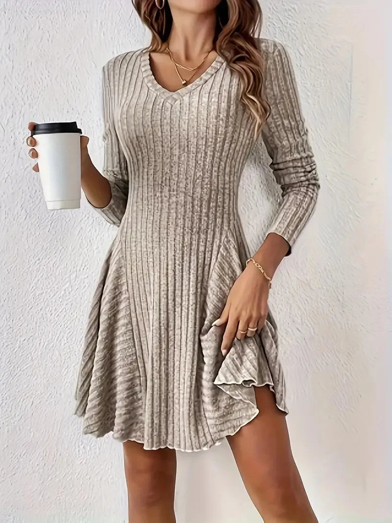 Women's V-Neck Knit Dress - Long Sleeve Swing Mini Dress, Elegant Bodycon Short Dress