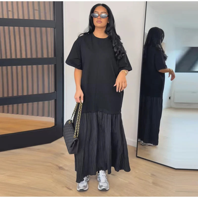 Solid Color Loose Fit Flare Sleeve Tiered Dress Crew Neck Ruffle Hem Pleated Long Maxi Dresses 2026 Spring Chic Casual Outwear