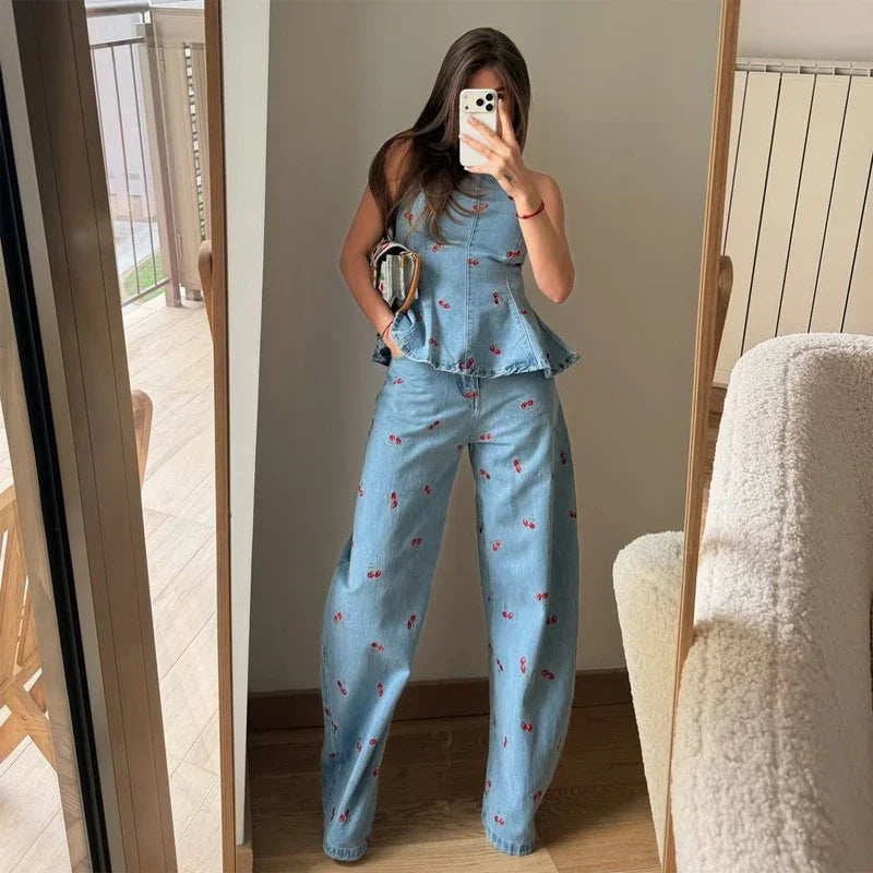 Denim Printed Pants 2 Piece Set Women Elegant Round Neck Sleeveless Vests Slim Long Pant Suits 2026 Lady Daily Street Outfit New