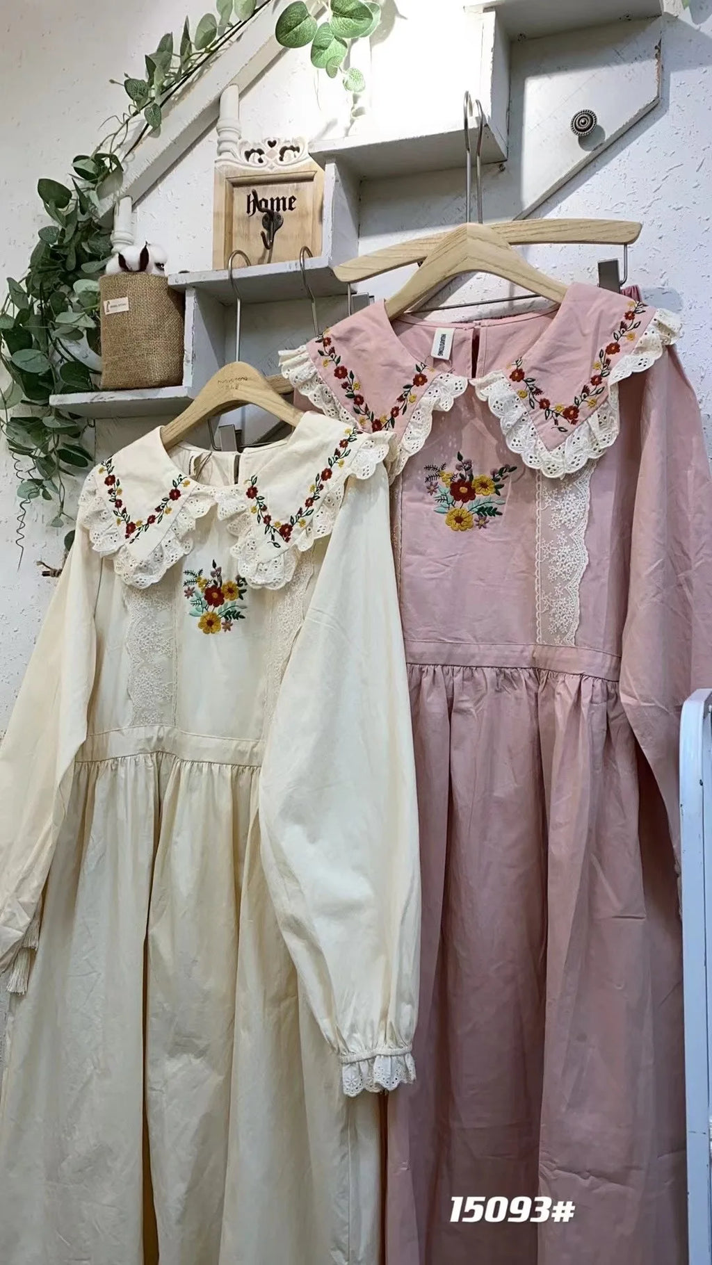 Mori Girl Floral Embroidery Cotton Linen Dress for Women, Autumn Lace, Peter Pan Collar, Kawaii Dress, Casual Long Sleeve Sundre