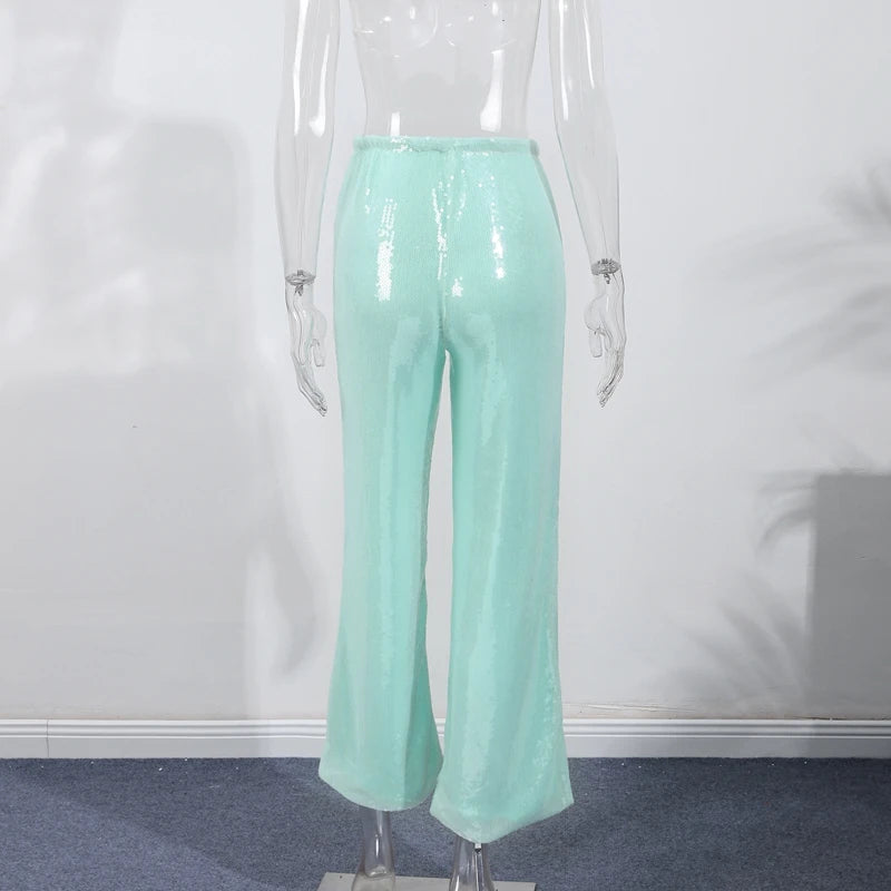 Y2K Sequin Lace Up Pants Women Elastic Low Waist Wide Leg Trousers Female 2026 Spring Summer Lady Shiny Party Clubwear Street