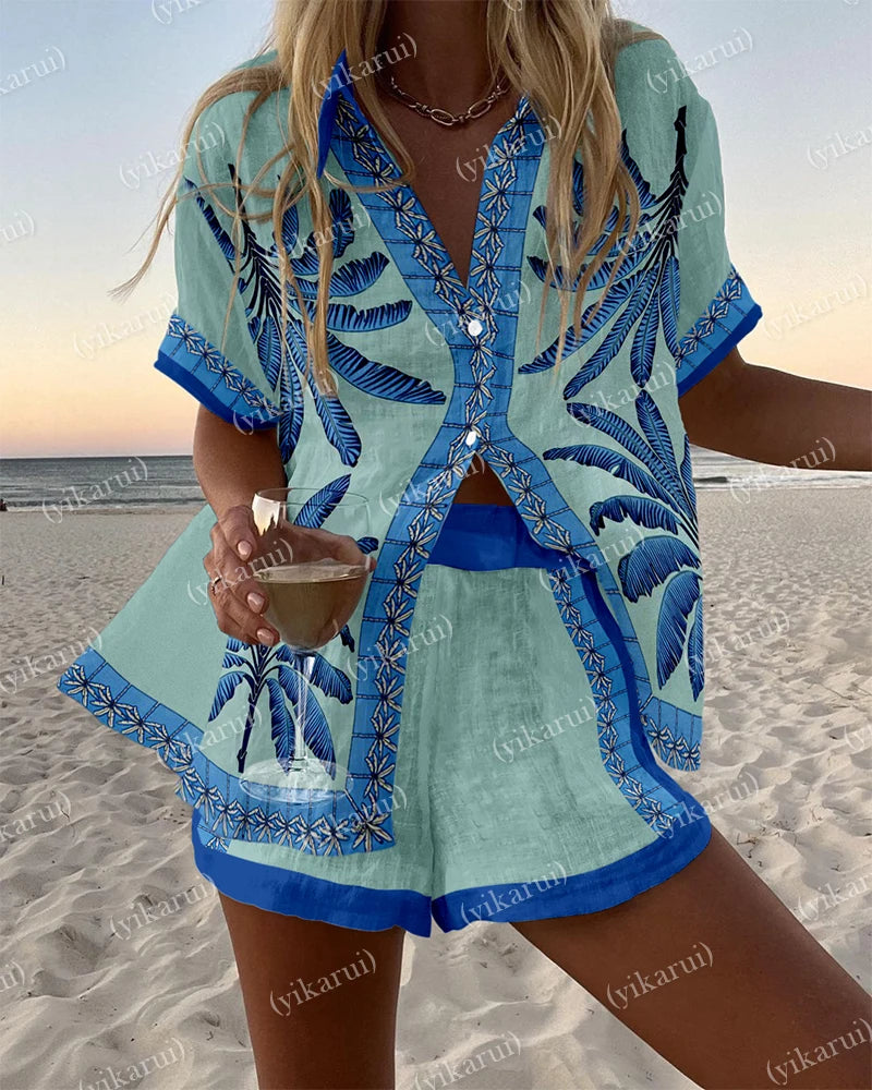Summer Fashion Print Beach Holiday 2-Piece Set Women Short Sleeve Shirt Top + Wide Legs Short Women's Oversized Two-Piece Outfit