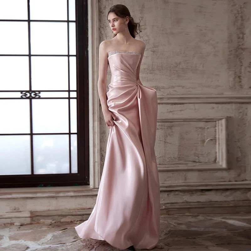 Pink Strapless French Evening Gown 2026 New High-end Annual Meeting Host Engagement Banquet Bride Toast Costume Customization