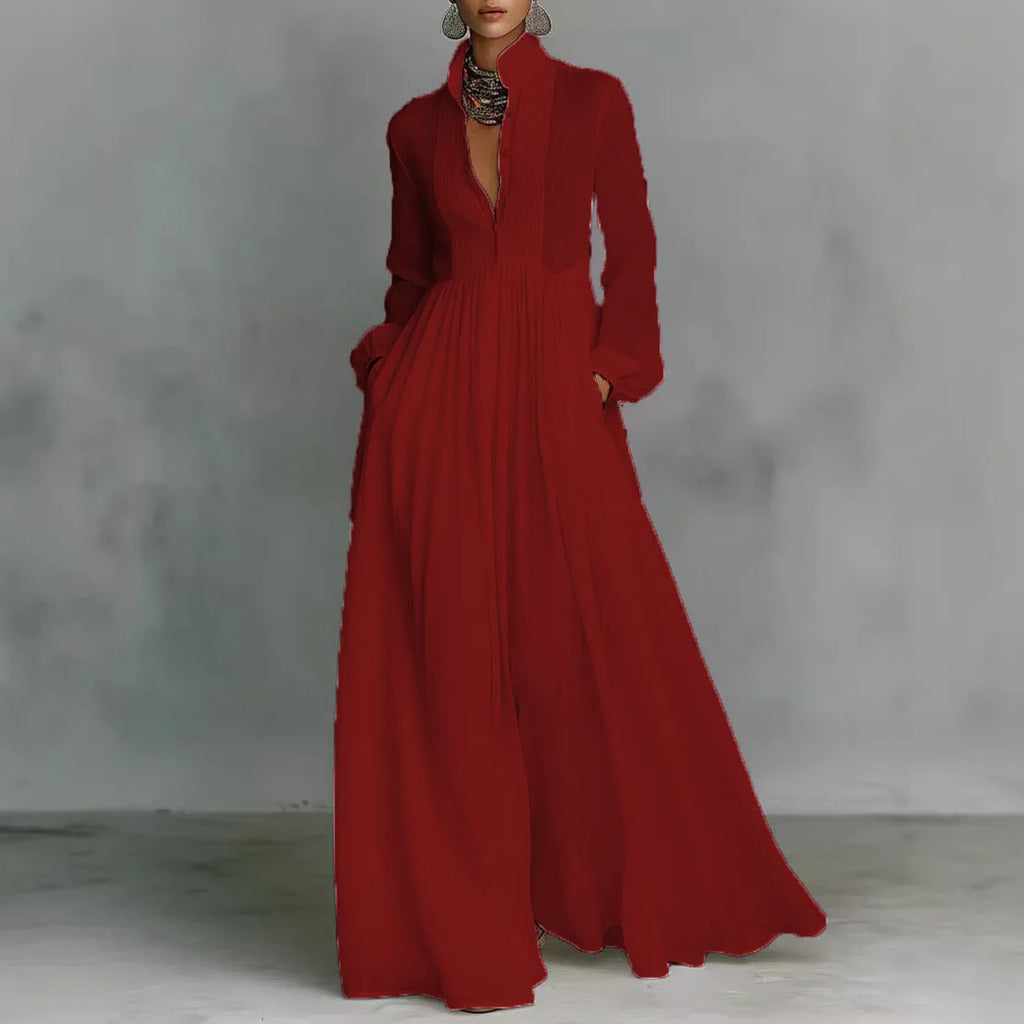 Elegant High Waist Swing Long Dress Woman Spring Solid Pockets Pleated Maxi Dress Spring Autumn Long Sleeve Button Evening Dress