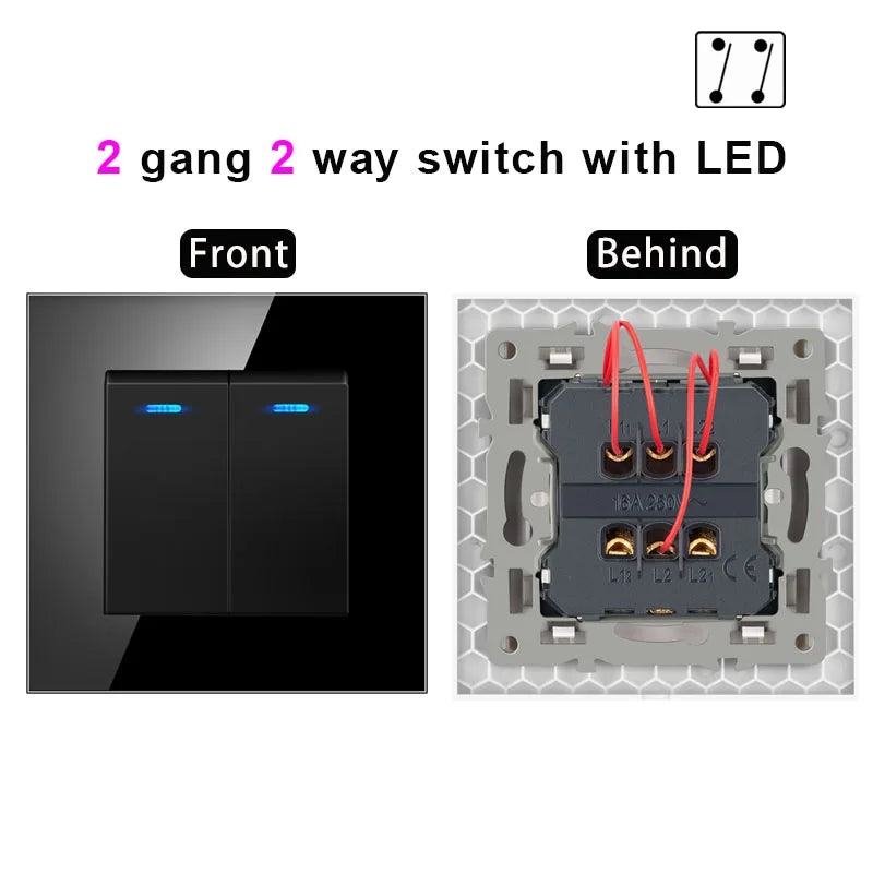 NYWP Luxury Crystal Tempered Glass Panel 1 Gang 2 Way Light Switch On / Off Wall Switch With LED Indicator 16A AC 250V