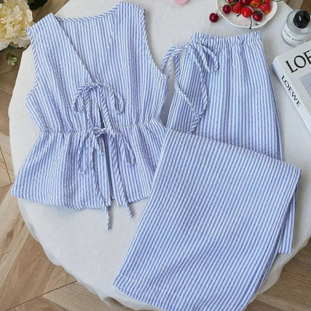 Women's Summer Striped Lace-up 2 Piece Outfits Tie Front Ruffle Lightweight Sleeveless Tank Top and Wide Leg Pants Lounge Sets