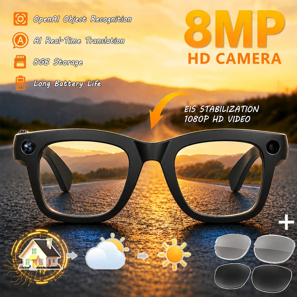 2026 Smart Glasses with 8MP Camera, 1080P Anti-Shake Recording, AI Translator, Bluetooth Audio Calling, 8GB Storage, iOS Android
