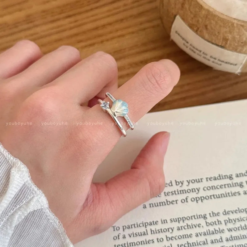 Sweet Blue Starfish Shell Rings for Women Girls Fashion Imitation Pearl Open Rings Summer Ocean Vacation Jewelry Accessories
