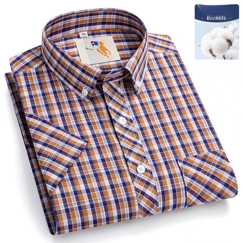Fashion Korean Plus Size 8XL 100%Cotton Short Sleeve Shirts for Men Slim Fit Formal Plain Shirt Plaid Hawaiian Shirt Casual Top