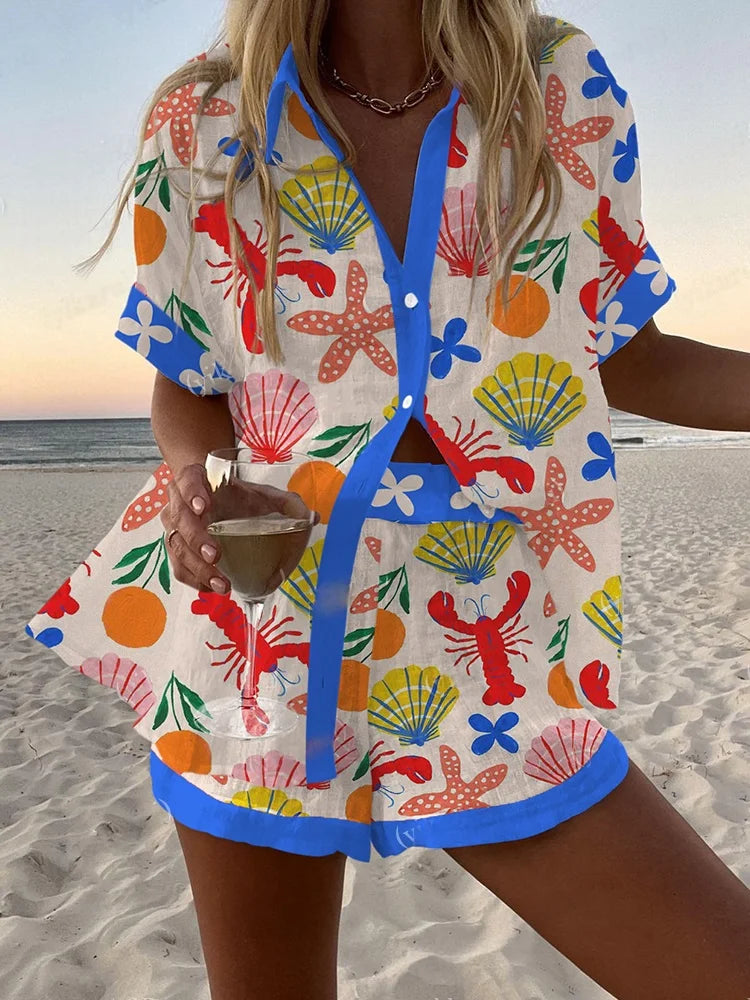 Summer Hot Style Print Beach Holiday 2-Piece Set Women Short Sleeve Shirt Top Wide Legs Short Women's Oversized Two-Piece Sets