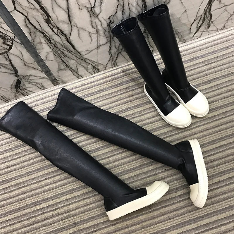 New Women Shoes Over Knee High Boots Luxury Trainers Winter Casual Brand Snow Spring Flats Shoes Black Big Size Mid-calf Boots