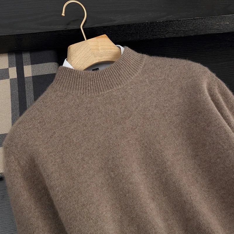 Autumn/Winter Men's 100% Cashmere Pullover Business Casual Solid Knitted Sweater Loose Half High Neck Tops Thick Warm Jumper