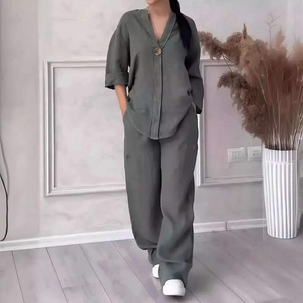 Women's Matching Comfortable Loose Cotton Linen  2 Pieces Sets Top Wide Leg Pants Casual Fashion Set Suits Summer Wear Outfits