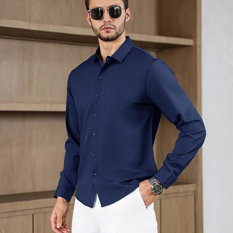 New Men's Business Casual Long Sleeved Solid Color Shirt Wrinkle Resistant Wrinkle Free Comfortable All Season Versatile Top