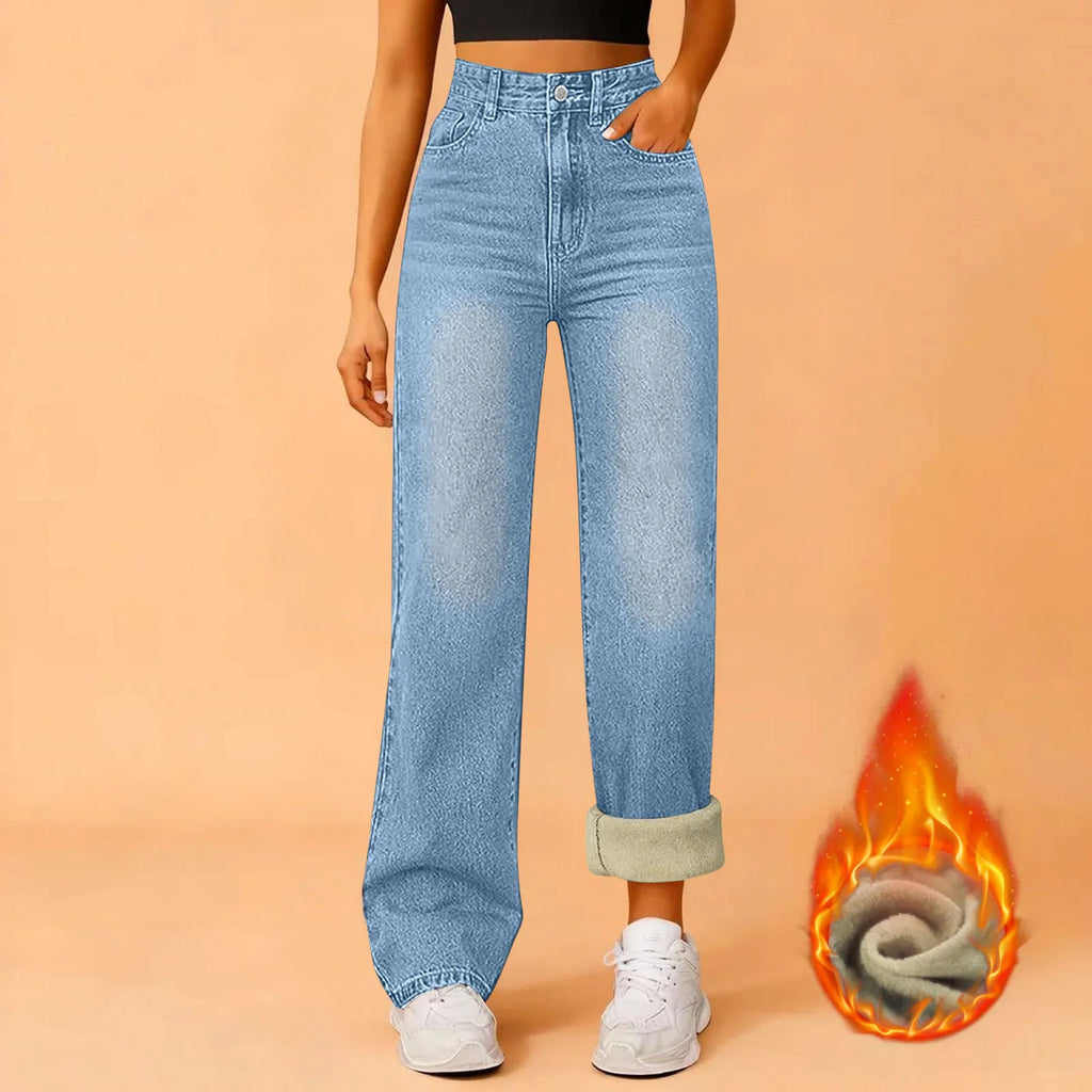 Women Winter Thciken Fleece Warm Denim Jeans Ladies High Street Straight Pants