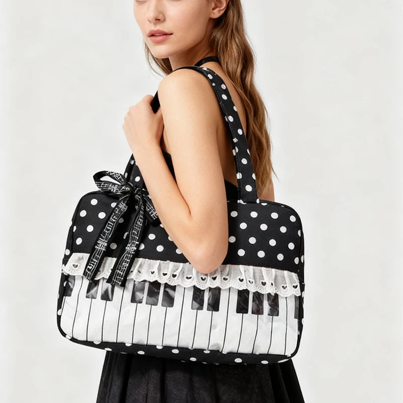 Polka Dot Piano Key Lace Ribbon Shoulder Bag,Contrast Color Patchwork Large Women Bowling Tote Bag,Y2k Girls Wave Point Handbag