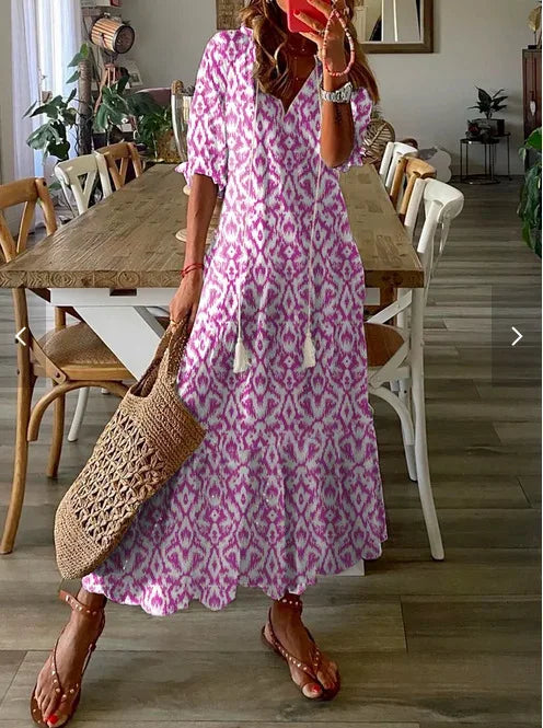 FALL Summer New 2026 Women's Casual Sweet Loose Sexy V-neck Drawstring Fashionable Printed Long Sleeved Boho Bohemian Dresses