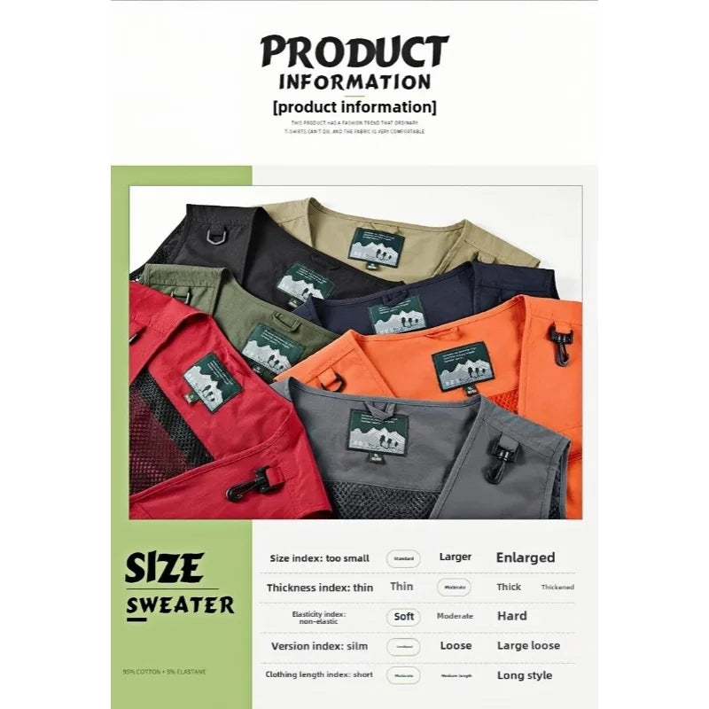 Men's Vest Summer Casual Photography Fishing Multi-Pocket Vest Outdoor Leisure Mountain Climbing Sleeveless V-Neck Custom Logo