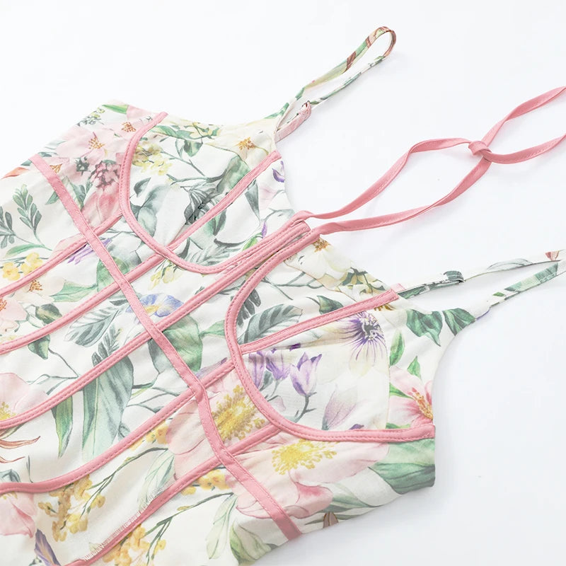 Elegant Floral Print Halter Dress Women Sleeveless Waist-closed A-line Dresses 2026 Spring Summer Fashion Female Vacation Robe