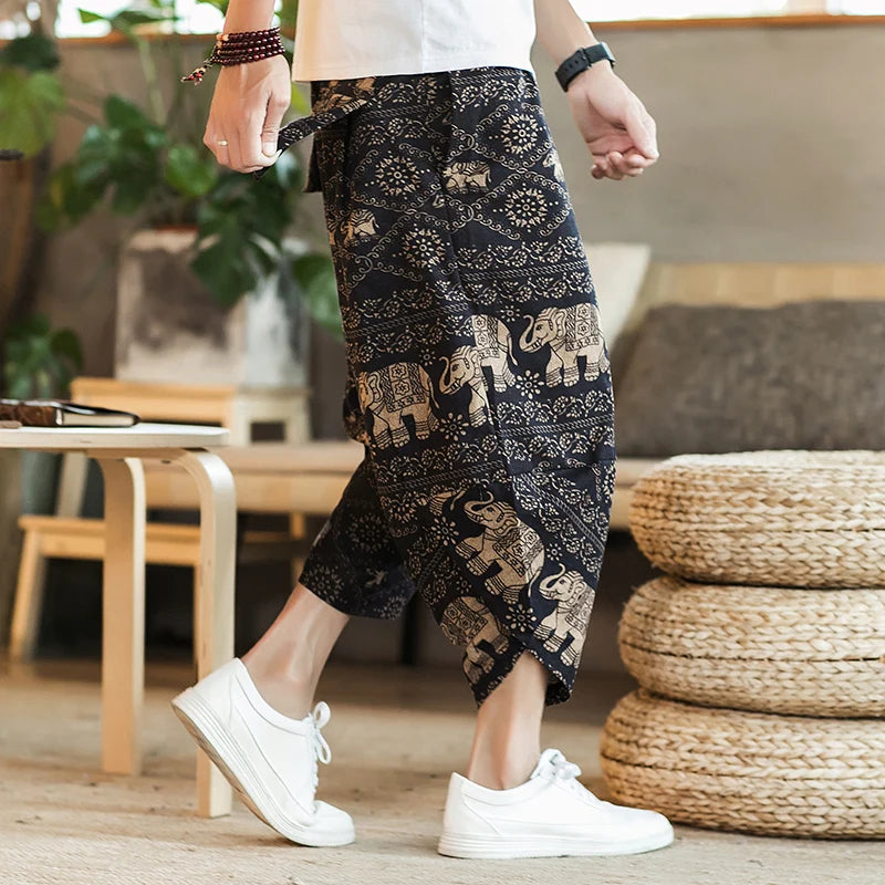 Men's Casual Cotton Linen Seven-Foot Pants Summer plus Size Lantern Loose Fit Shorts Harlan Style Comfortable Breathable Leis...