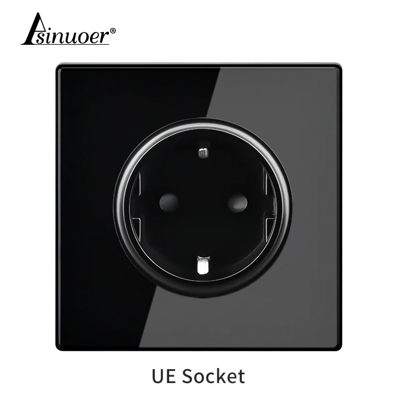 Black Tempered Glass Wall Switch Panel Led European 16a Socket Retro Toggle Light Switch Eu Uk Standard 2usb Socket 1Gang-4gang