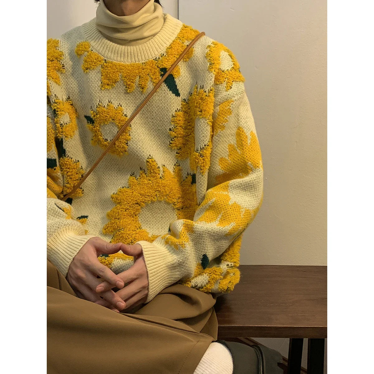 Flocking Floral Sweaters Men Baggy Spring Autumn Japanese Style Retro   High Street Harajuku Knitwear Slouchy Ins