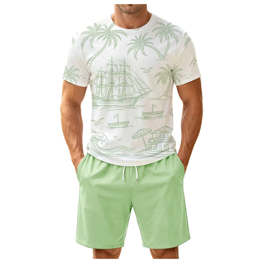 Men's Two Piece Set: Fun Printed Short Sleeved T Shirt And Belt Shorts Stylish And Simple Printed Set Tuxedo Suit Set for Men