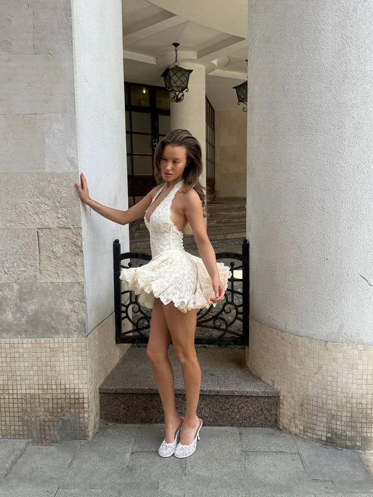 Lace Women's Mini Dress Elegant V Neck Waist Cinched A Line Puff Hem Skirt Street Fashion Backless Summer Lady Halter Dresses