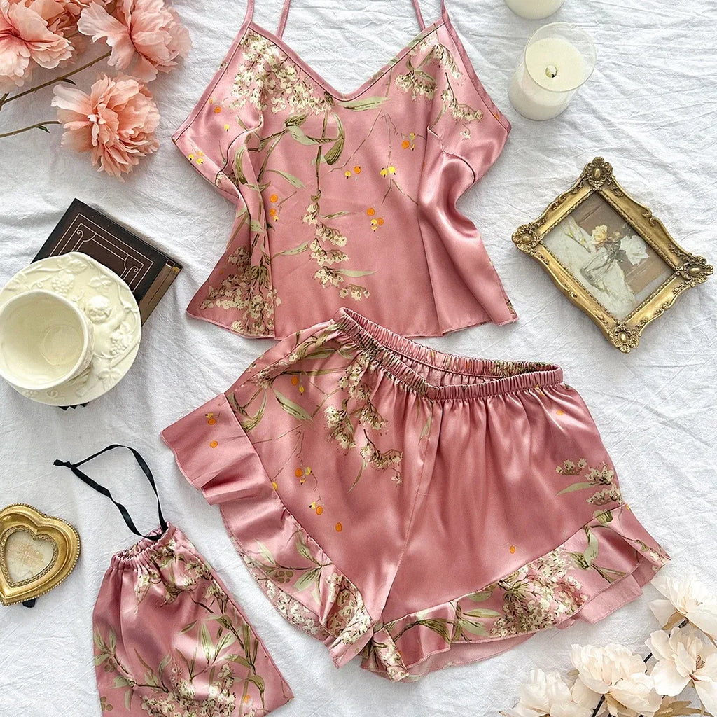 Summer Elegant  Print Cami Tops Ruffle Hem Shorts Pajama Set  Women's Sleepwear V Neck Strap Loungewear