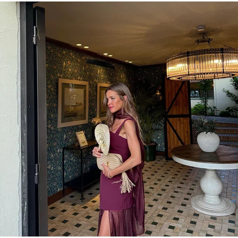 Boho Chic Elegant Mesh Patchwork Sling Dress Sexy Loose Sleeveless Split Scarf Long Dress Female 2026 New Party Evening Dresses